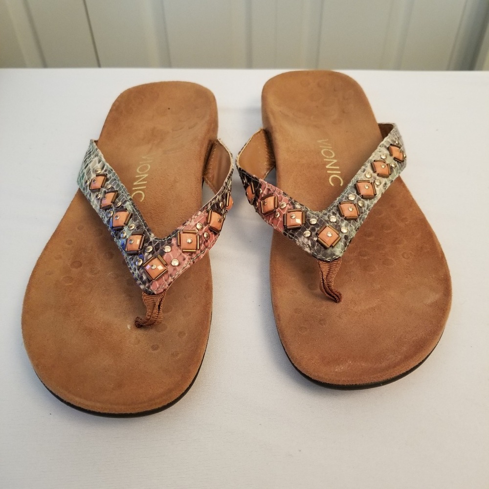 Vionic Orthaheel Women 9 Snakeskin Studded Thong Sandals Multi Color Size 8